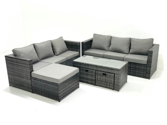 Rackhams Garden Outdoor Rattan Furniture Set with Sofa Coffee table 3 Footstools Dark Grey Mixed - image 1
