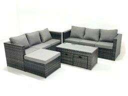 Rackhams Garden Outdoor Rattan Furniture Set with Sofa Coffee table 3 Footstools Dark Grey Mixed - thumbnail 1