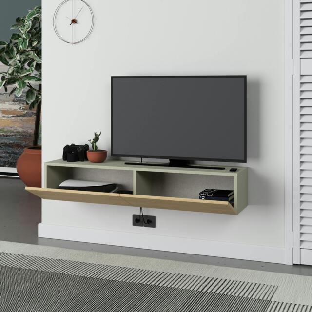 "Rackhams Francy Wall-Mounted TV Unit Modern Media Centre TV Cabinet 42"" 135cm - Oak Ash Green"