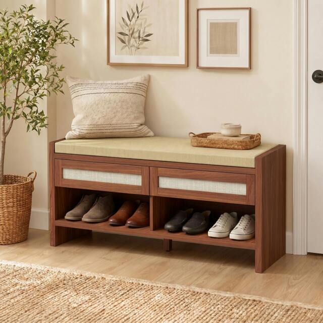 Rackhams Shoe Bench with 2 Rattan Drawers Cushion Brown - image 1