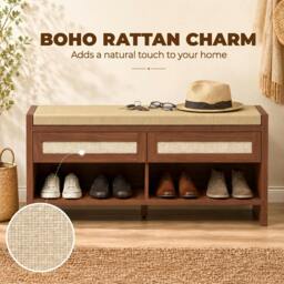 Rackhams Shoe Bench with 2 Rattan Drawers Cushion Brown - thumbnail 4