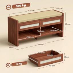 Rackhams Shoe Bench with 2 Rattan Drawers Cushion Brown - thumbnail 3