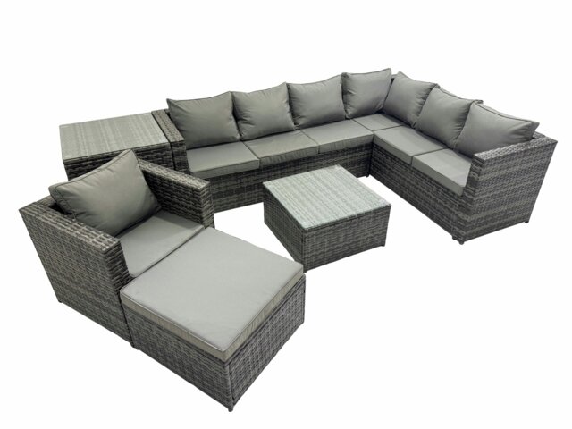 Rackhams Outdoor PE Rattan Garden Furniture Sofa Set with Square Coffee Table Chair Big Stool Side Table Dark Grey - image 1