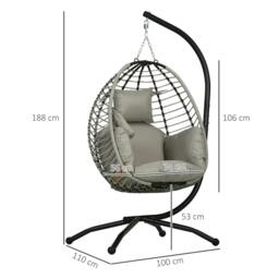 Rackhams Single Rattan Hanging Egg Chair, with Seat Cushion - Grey - thumbnail 3