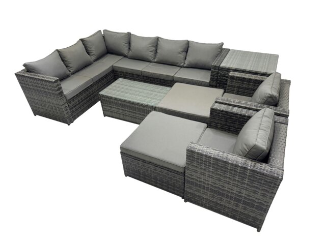 Rackhams Outdoor Rattan Rectangular Coffee Table Corner Sofa Sets Garden Furniture Set with 2 Chairs 2 Big Stools Side Table Dark Grey Mixed - image 1