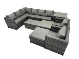 Rackhams Outdoor Rattan Rectangular Coffee Table Corner Sofa Sets Garden Furniture Set with 2 Chairs 2 Big Stools Side Table Dark Grey Mixed - thumbnail 1