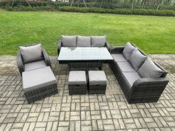 Rackhams 10 Seater Outdoor Rattan Garden Furniture Set Oblong Rectangular Dining Table and Chairs Set with 3 Seater Sofa 3PC Footstools Dark Grey Mixed - thumbnail 1