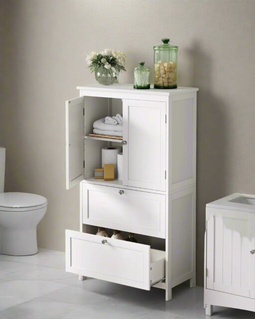 Rackhams White Bathroom Storage Cabinet – Kitchen Cupboard with 2 Drawers, 2 Doors & Adjustable Shelf, 110cm Tall - image 1