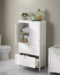 Rackhams White Bathroom Storage Cabinet – Kitchen Cupboard with 2 Drawers, 2 Doors & Adjustable Shelf, 110cm Tall - thumbnail 1