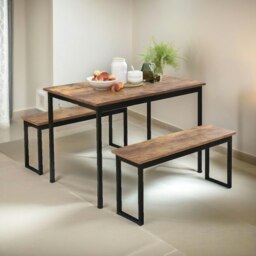 Rackhams Industrial Dining Table Set With 2 Benches Rustic Brown