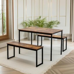Rackhams Industrial Dining Table Set With 2 Benches Rustic Brown - thumbnail 3