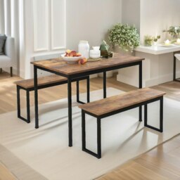 Rackhams Industrial Dining Table Set With 2 Benches Rustic Brown - thumbnail 2