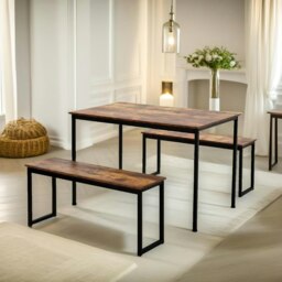 Rackhams Industrial Dining Table Set With 2 Benches Rustic Brown - thumbnail 4