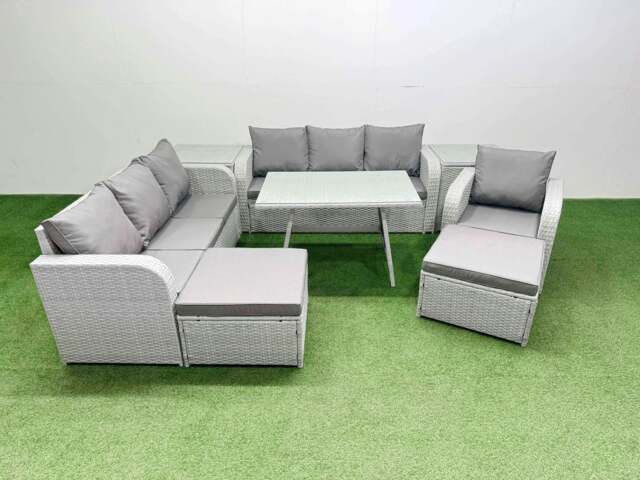 Rackhams 8 Pieces Outdoor PE Rattan Garden Furniture with Cushions Reclining Chair 2 Side Tables 2 Big Stools Light Grey - image 1