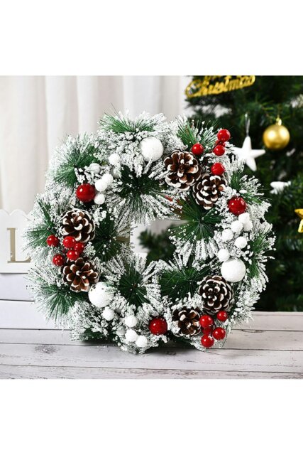 Rackhams 32cm Snow Flocked Christmas Artificial Wreath with Classical Xmas Ornaments - image 1