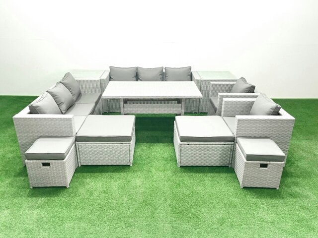 Rackhams Rattan Garden Furniture Dining Set 12 Seater Lounge Sofa Chair Dining Table Set with 4 Footstools 2 Side Tables Light Grey Mixed - image 1