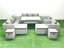 Rackhams Rattan Garden Furniture Dining Set 12 Seater Lounge Sofa Chair Dining Table Set with 4 Footstools 2 Side Tables Light Grey Mixed - thumbnail 2