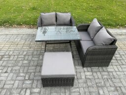 Rackhams Outdoor Garden Furniture Sets 4 Pieces Wicker Rattan Furniture Sofa Sets with Rectangular Dining Table Love Sofa Big Footstool - thumbnail 1