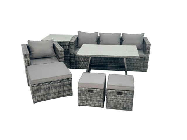 Rackhams Rattan Dining Table Sofa Armchair Set with Side Table 3 Footstools Outdoor Garden Furniture Set Dark Grey Mixed - image 1