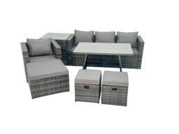 Rackhams Rattan Dining Table Sofa Armchair Set with Side Table 3 Footstools Outdoor Garden Furniture Set Dark Grey Mixed - thumbnail 1
