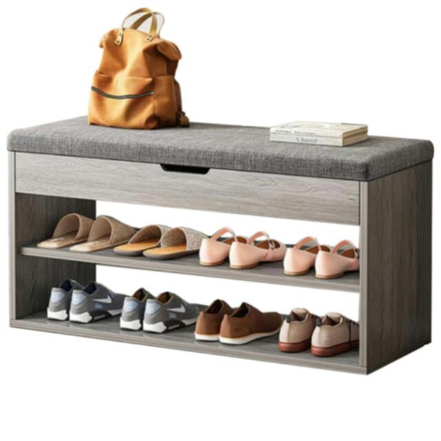 Rackhams Shoe Bench with Padded Seat Cushion Wooden Shoe Storage Cabinet Organiser Rack - Grey - Wood - image 1