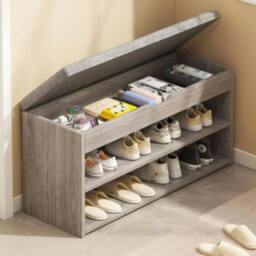 Rackhams Shoe Bench with Padded Seat Cushion Wooden Shoe Storage Cabinet Organiser Rack - Grey - Wood - thumbnail 4