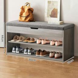 Rackhams Shoe Bench with Padded Seat Cushion Wooden Shoe Storage Cabinet Organiser Rack - Grey - Wood - thumbnail 2