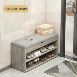 Rackhams Shoe Bench with Padded Seat Cushion Wooden Shoe Storage Cabinet Organiser Rack - Grey - Wood - thumbnail 3