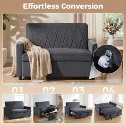 Rackhams 2 Seater Sofa Bed, 3-in-1 Velvet Pull Out Sleeper Sofa, Dark Grey - thumbnail 4