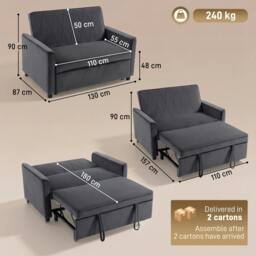 Rackhams 2 Seater Sofa Bed, 3-in-1 Velvet Pull Out Sleeper Sofa, Dark Grey - thumbnail 3