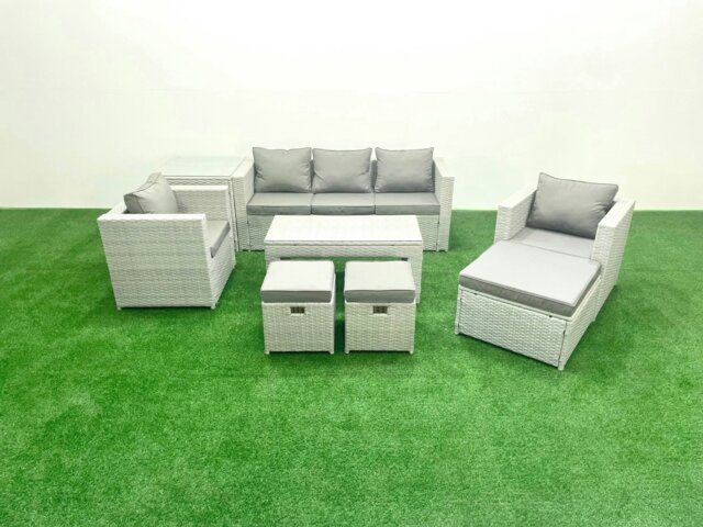 Rackhams Rattan Garden Furniture Set 8 Seater Outdoor Garden Sofa Oblong Coffee Table Set with 2 Chairs 3 Stools Side Table Light Grey Mixed - image 1