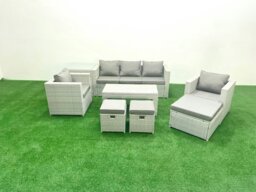 Rackhams Rattan Garden Furniture Set 8 Seater Outdoor Garden Sofa Oblong Coffee Table Set with 2 Chairs 3 Stools Side Table Light Grey Mixed - thumbnail 2