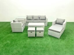 Rackhams Rattan Garden Furniture Set 8 Seater Outdoor Garden Sofa Oblong Coffee Table Set with 2 Chairs 3 Stools Side Table Light Grey Mixed - thumbnail 1