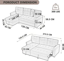 Rackhams L Shapred Corner Sofa Bed with Storage, Padded Sectional Transformable Sofa & Reversible Storage Chaise - Light Gray - Linen - thumbnail 3