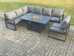 Rackhams Aluminium Outdoor Garden Furniture Corner Sofa Gas Fire Pit Dining Table Sets Gas Heater Burner with Chair Dark Grey 7 Seater
