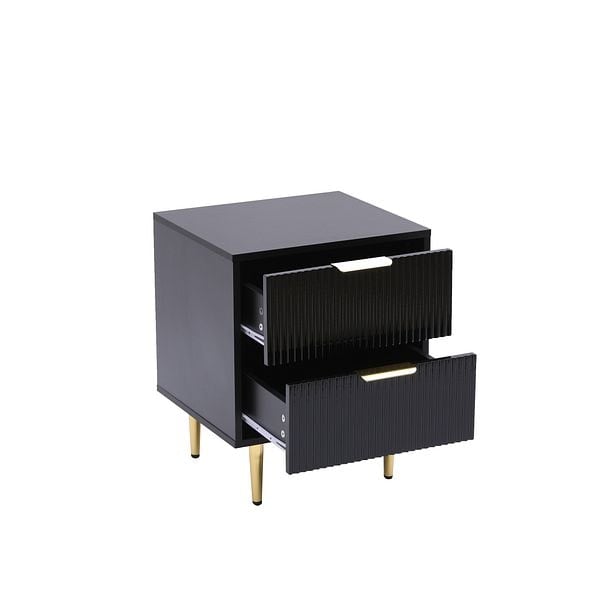 Rackhams Bedside Table, 2 Drawers, White/Black with Gold Legs, 42cm Wide Chest - Black - Wood - 40cm(d)55cm(h)42cm(w)