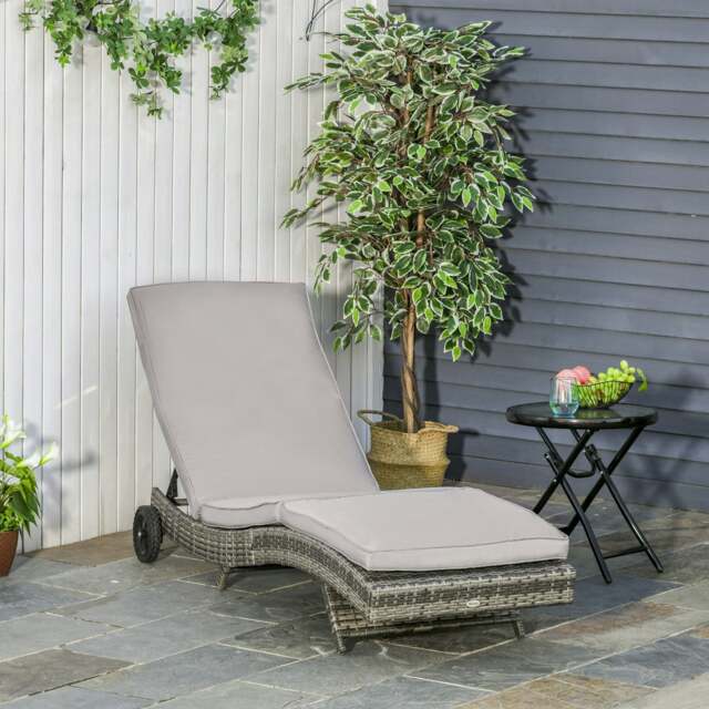 Rackhams Outdoor Rattan Sun Lounger with Reclining Back, Wheels, Dark Grey - Grey - Steel, PE Rattan, Polyester - 207cm x 70cm x 70cm - image 1