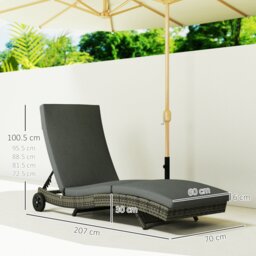 Rackhams Outdoor Rattan Sun Lounger with Reclining Back, Wheels, Dark Grey - Grey - Steel, PE Rattan, Polyester - 207cm x 70cm x 70cm - thumbnail 6