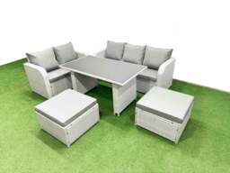 Rackhams Garden Furniture Set PE Ratten Garden Sofa Set with Rectangular Dining Table 2 Big Stool Light Grey