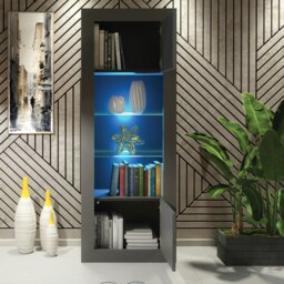 Rackhams Charming Modern Display Cabinet 170cm with Free LED – Dark Grey High Gloss Doors - thumbnail 3