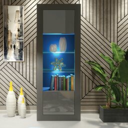 Rackhams Charming Modern Display Cabinet 170cm with Free LED – Dark Grey High Gloss Doors
