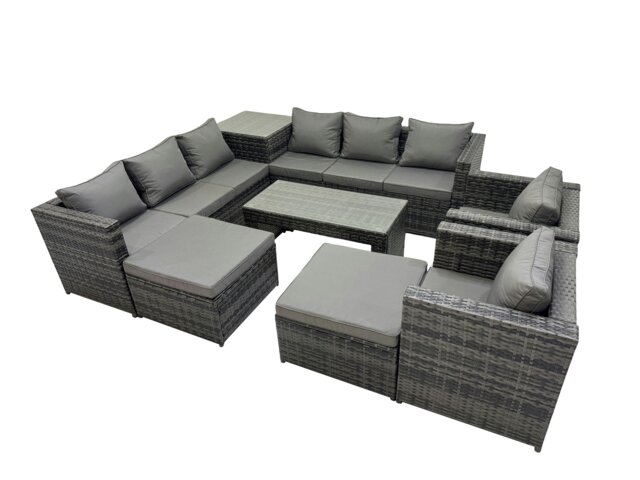 Rackhams Garden Rattan Outdoor Furniture Set 10 Seater Patio Corner Sofa Oblong Coffee Table with Chair 2 Big Stool Side Table Dark Grey - image 1