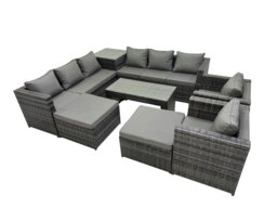 Rackhams Garden Rattan Outdoor Furniture Set 10 Seater Patio Corner Sofa Oblong Coffee Table with Chair 2 Big Stool Side Table Dark Grey - thumbnail 1