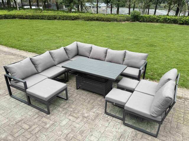 Rackhams 11 Pieces Aluminium Garden Furniture Set with Cushions, Patio Furniture Set with Adjustable Rising Lifting Dining Table 3 Footstools Dark Grey