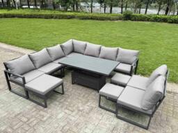 Rackhams 11 Pieces Aluminium Garden Furniture Set with Cushions, Patio Furniture Set with Adjustable Rising Lifting Dining Table 3 Footstools Dark Grey - thumbnail 1