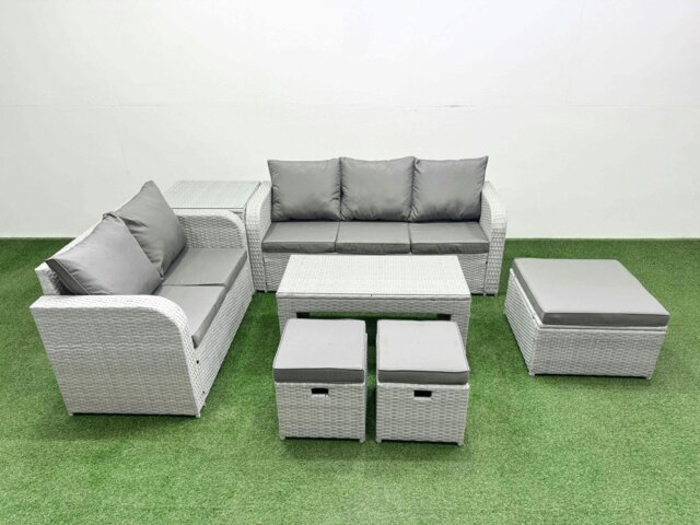 Rackhams 8 Seater PE Rattan Wicker Garden Furniture Patio Conservatory Sofa Set with Oblong Coffee Table 3 Seater Sofa Love Sofa 3 Stool Side Table - image 1