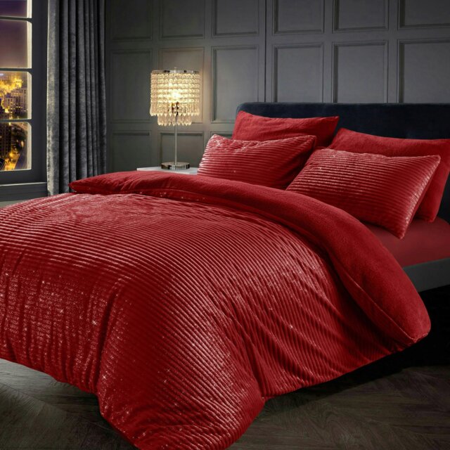 Rackhams Glitter Corduroy Teddy Fluffy and Warm Fleece Duvet Cover Set - Red - King - image 1