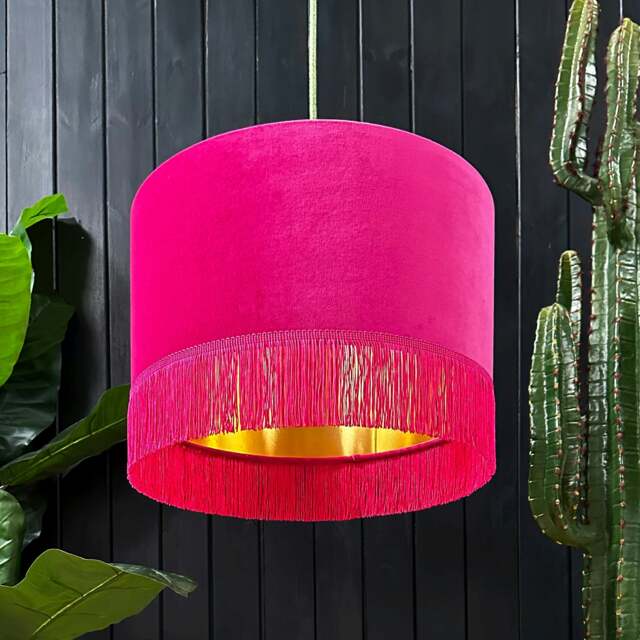 "Rackhams Raspberry Velvet Lampshade With Gold Foil Lining and Fringing - Ceiling Pendant / Arc Lamp - 30cm Diameter x 30cm Height / (12"" x 12"")" - image 1