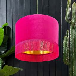 "Rackhams Raspberry Velvet Lampshade With Gold Foil Lining and Fringing - Ceiling Pendant / Arc Lamp - 30cm Diameter x 30cm Height / (12"" x 12"")"