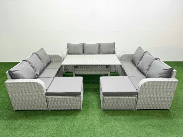 Rackhams PE Rattan Lounge Sofa Set 11 Seater Outdoor Garden Furniture Set with Rectangular Dining Table 3 Seater Sofa 2 Big Footstools Light Grey - image 1